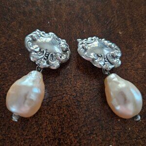 Vintage Victorian Cream Color Faux Baroque Pearl Sterling Silver Earrings 2 in